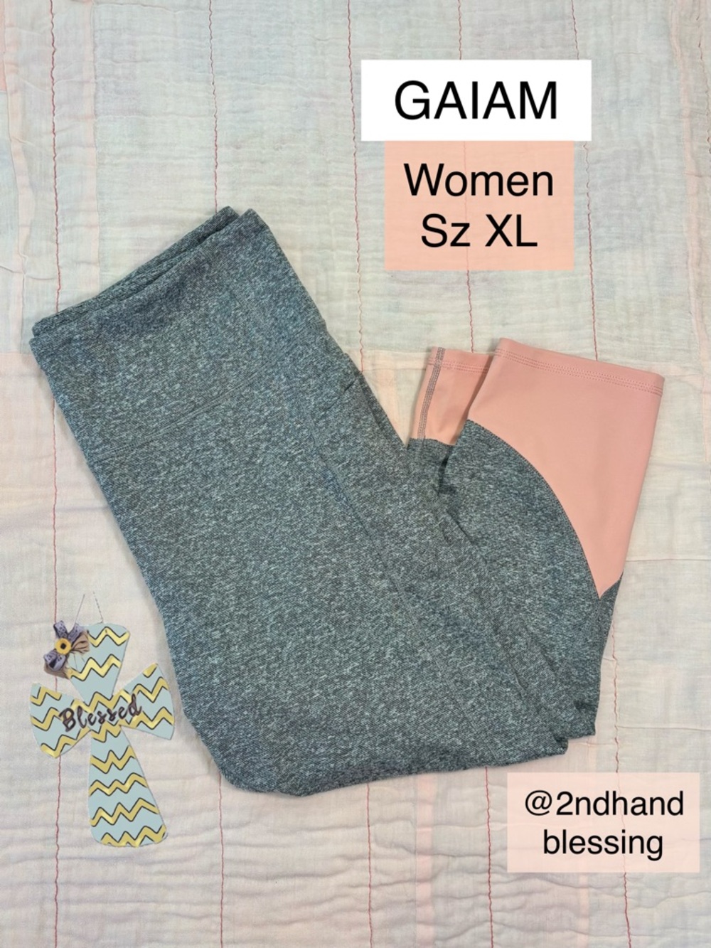GAIAM Gray Heather & Blush Pink Leggings, High Rise Capri, Women XL
